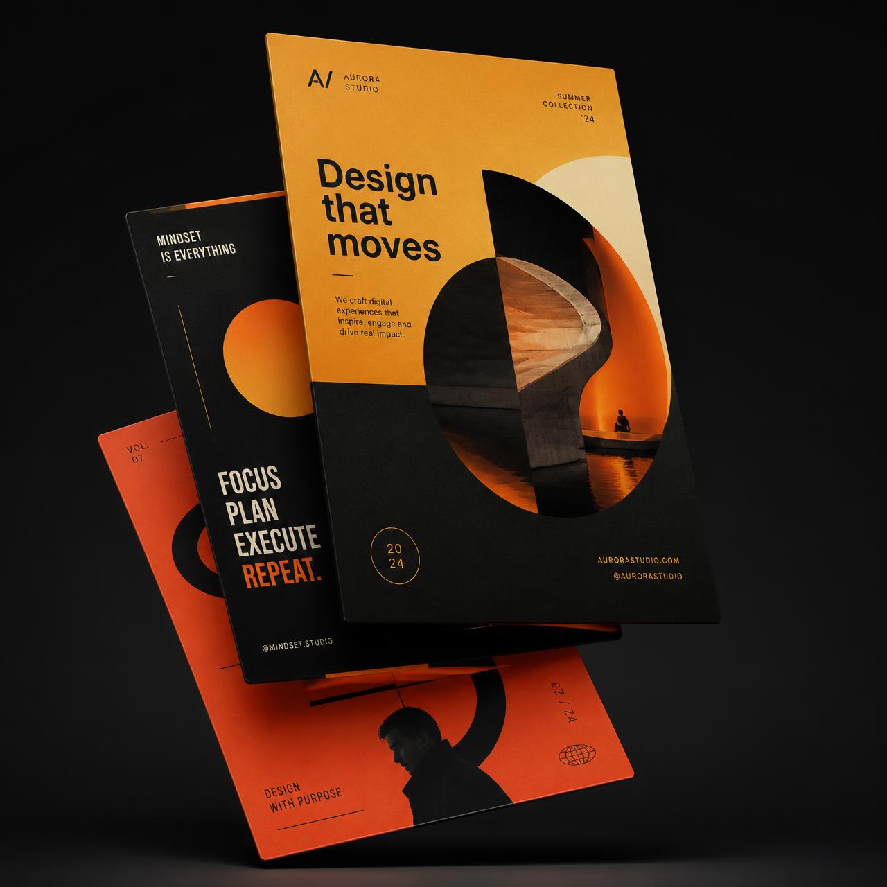Stack of bold amber and black poster designs by Lokesh