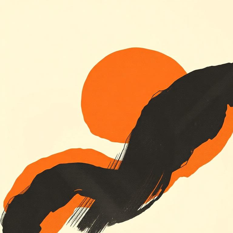 Cream poster with charcoal and orange brush shapes and a rising sun