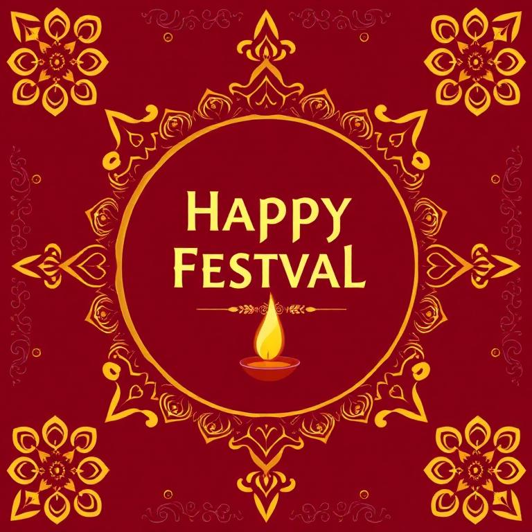 Maroon and gold ornamental festival greeting poster with a diya